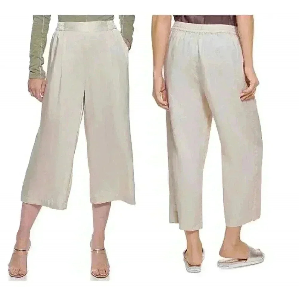 DKNY Cropped Wide Leg Polyester Pants in Parchment